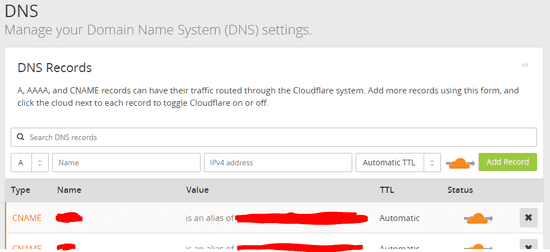 Cloudflare DNS entries screen